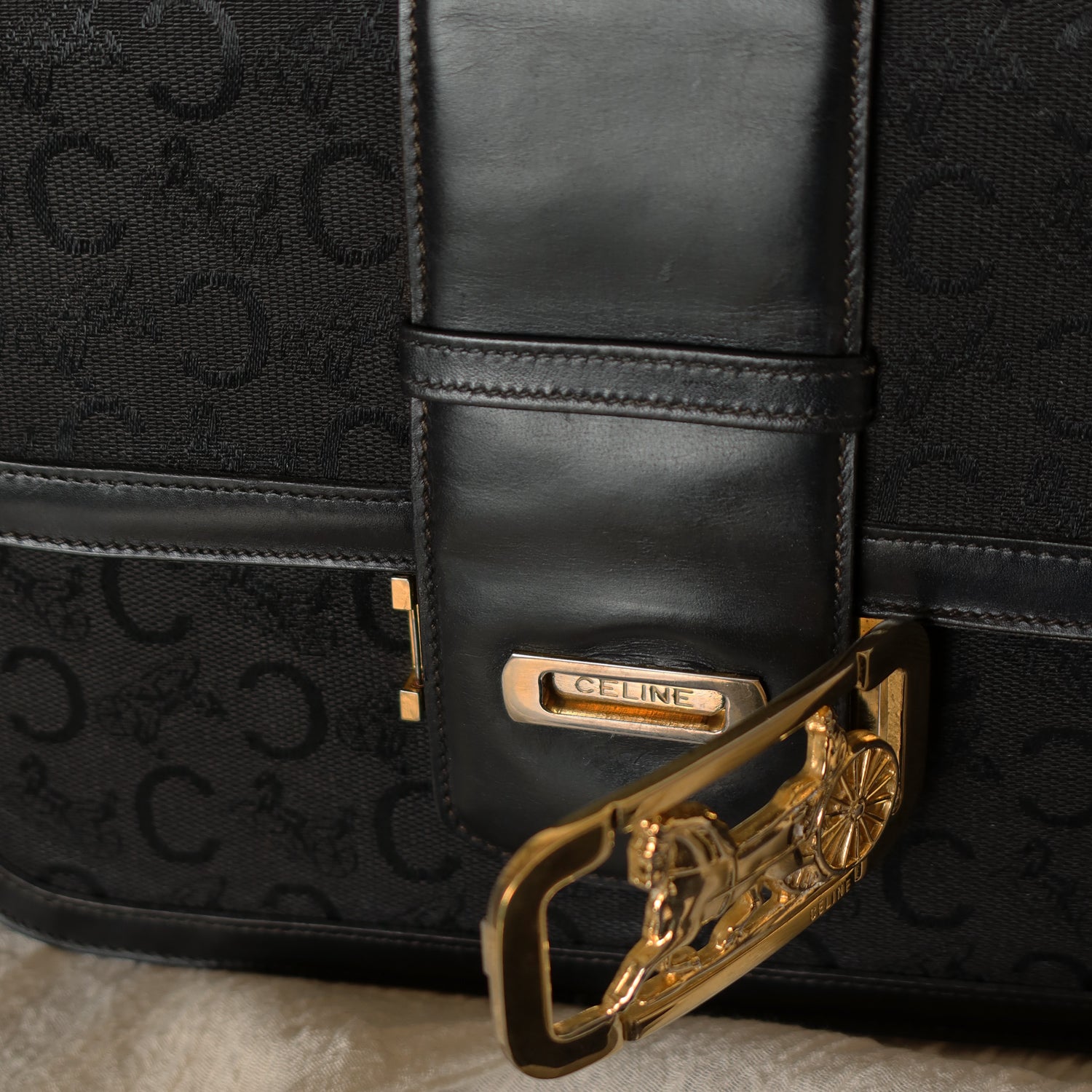 Celine Vintage Black Leather C Macadam Horse Carriage Shoulder Bag