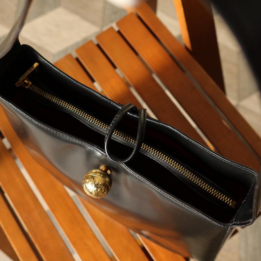 Celine Vintage Classic Black Leather Gold Ball Charm Shoulder Bag