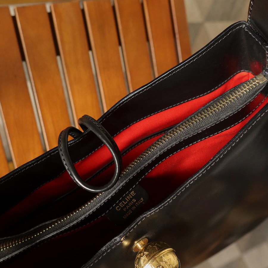 Celine Vintage Classic Black Leather Gold Ball Charm Shoulder Bag