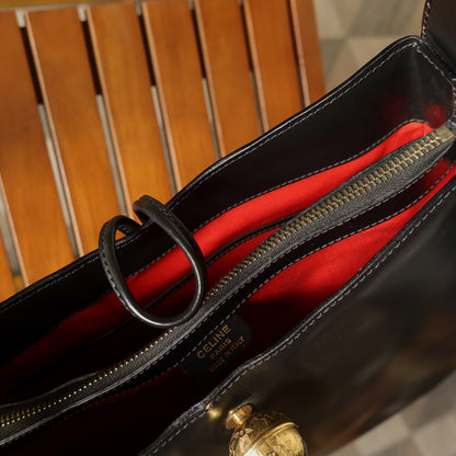 Celine Vintage Classic Black Leather Gold Ball Charm Shoulder Bag