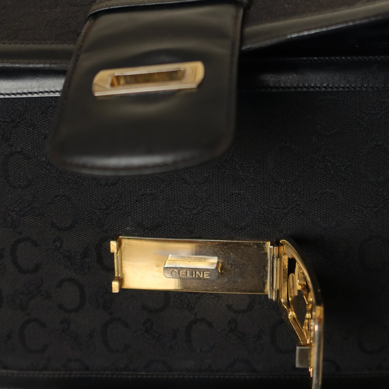 Celine Vintage Black Leather C Macadam Horse Carriage Shoulder Bag