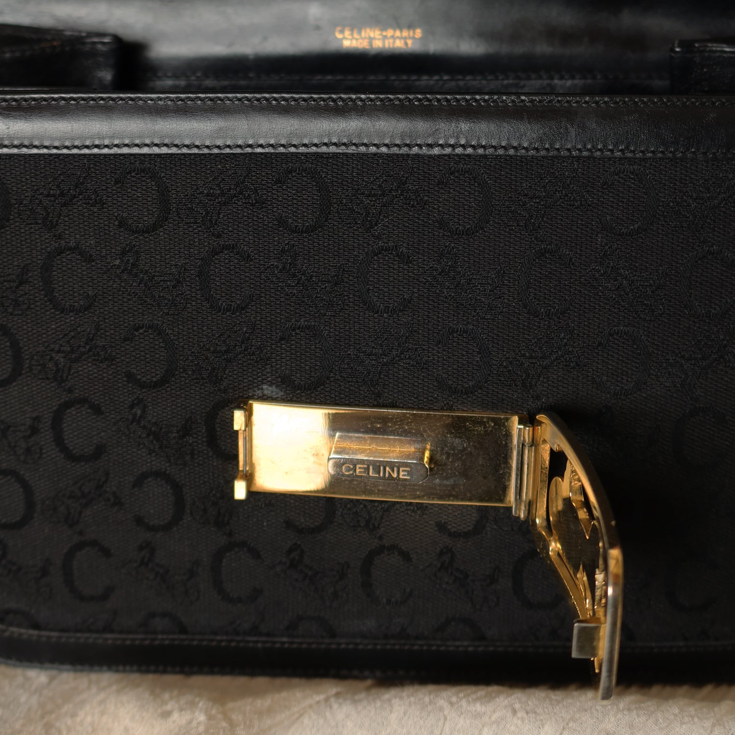 Celine Vintage Black Leather C Macadam Horse Carriage Shoulder Bag