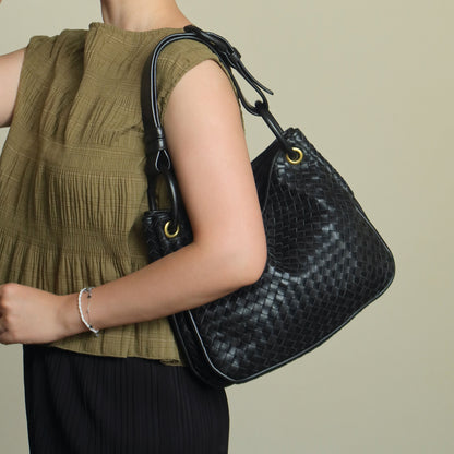 Bottega Veneta Vintage Black Intrecciato Ring Hobo Belt Strap Shoulder Bag