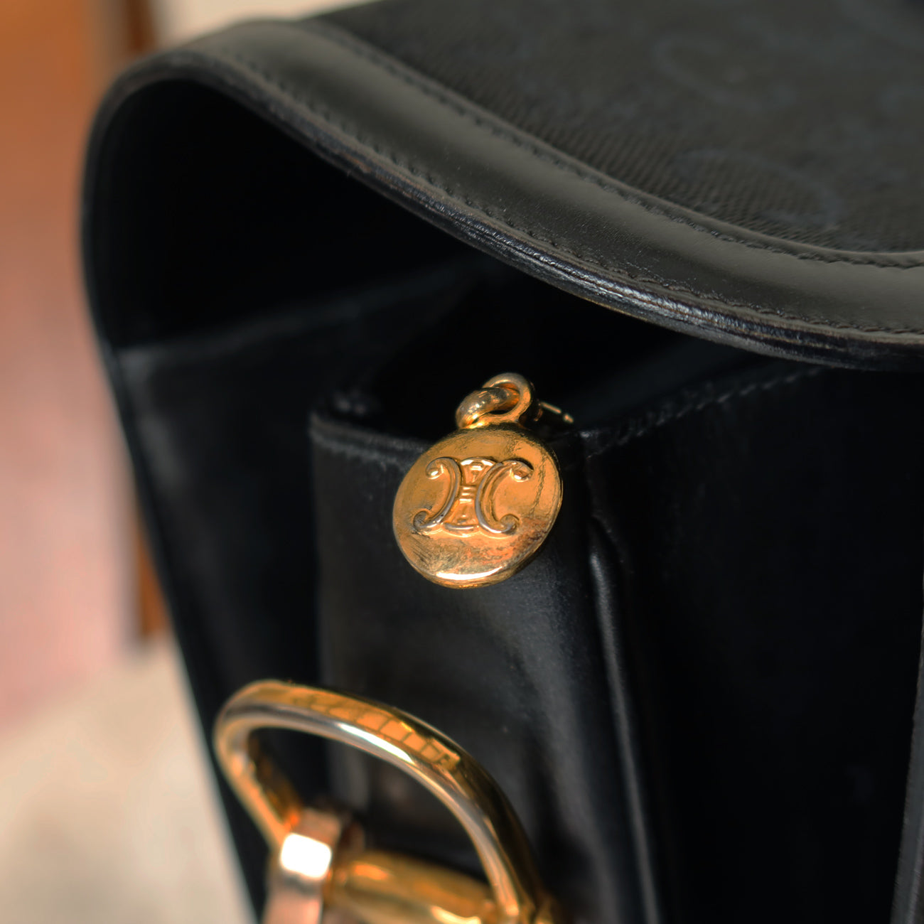 Celine Vintage Black Leather C Macadam Horse Carriage Shoulder Bag
