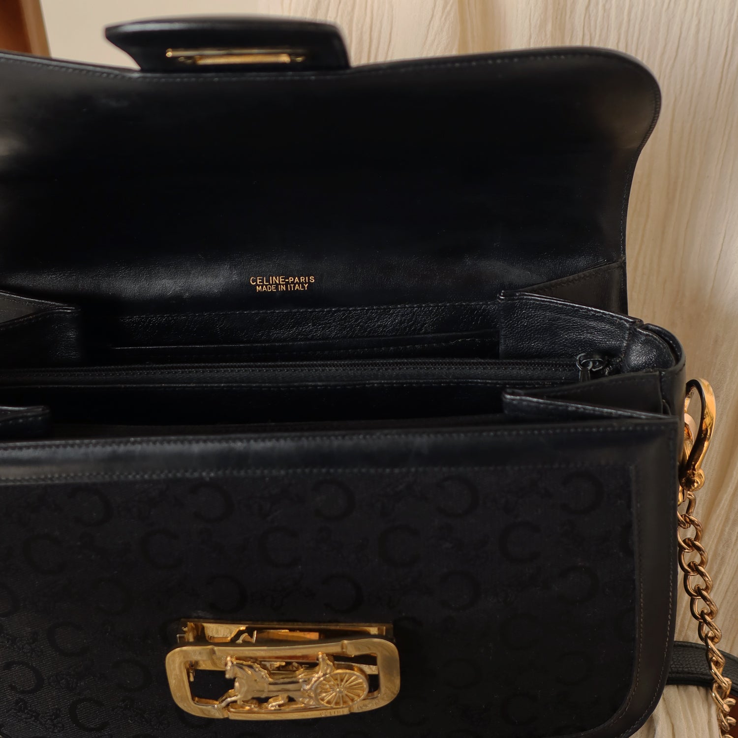 Celine Vintage Black Leather C Macadam Horse Carriage Shoulder Bag