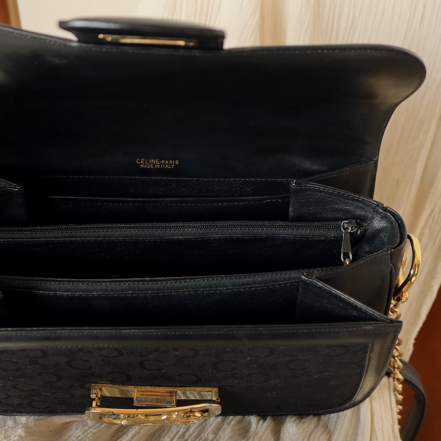 Celine Vintage Black Leather C Macadam Horse Carriage Shoulder Bag