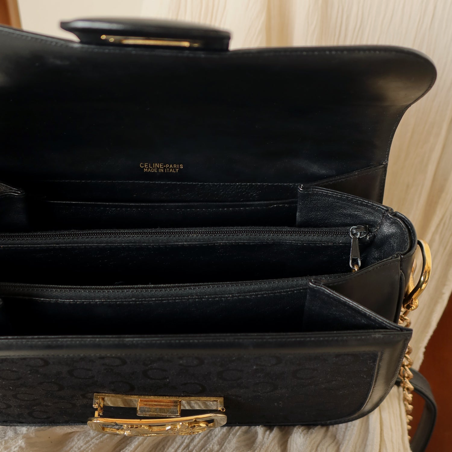 Celine Vintage Black Leather C Macadam Horse Carriage Shoulder Bag