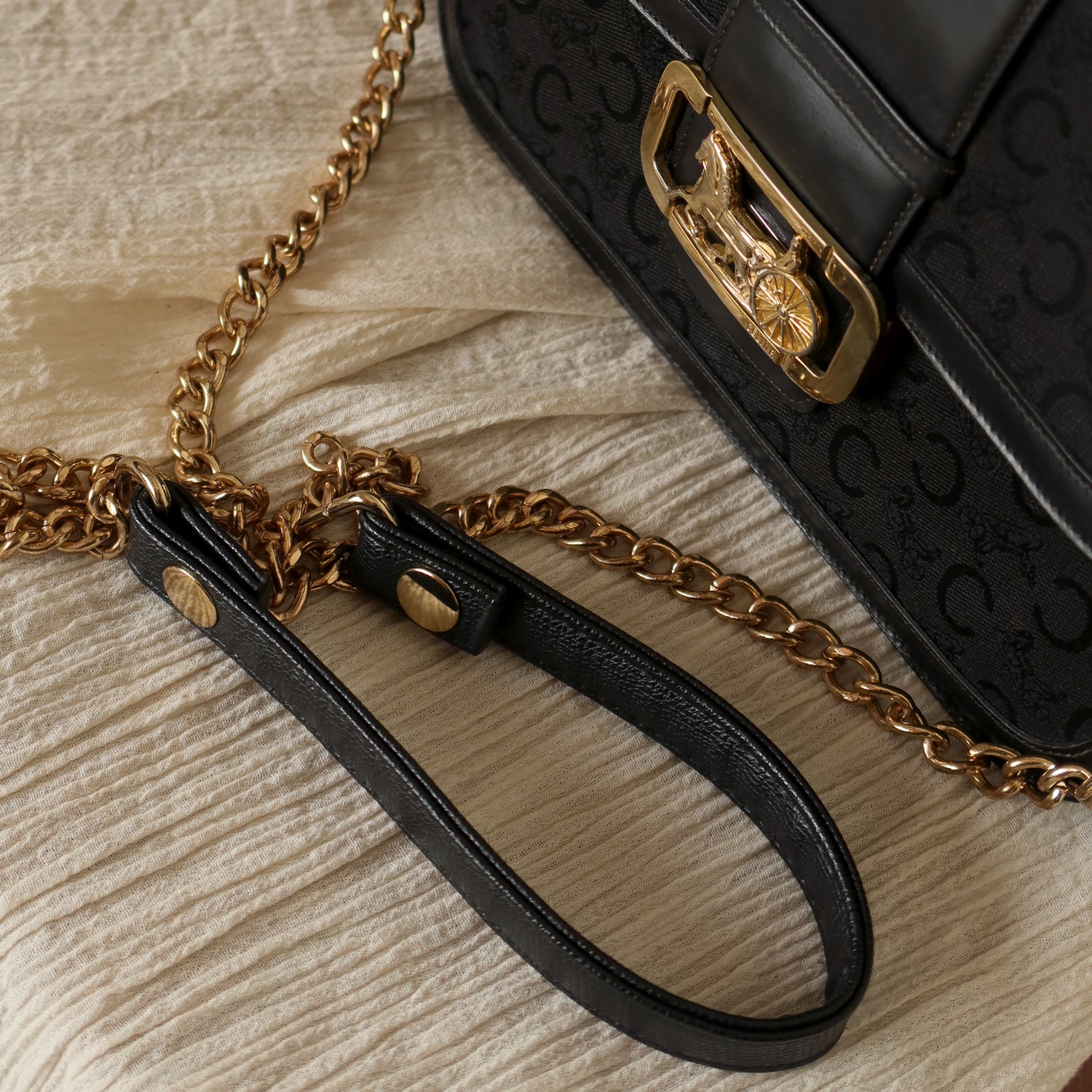 Celine Vintage Black Leather C Macadam Horse Carriage Shoulder Bag