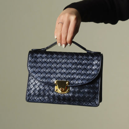 Rare Bottega Veneta Vintage Dark Navy Intrecciato Turn lock 2way Flap Bag