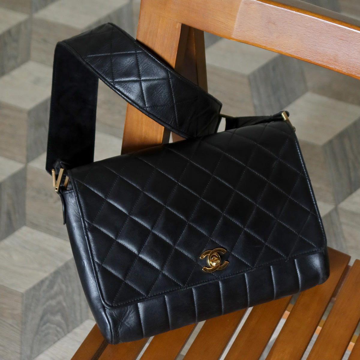 Rare Chanel Vintage Black Lambskin CC Turn Lock Double Quilted Shoulder Bag