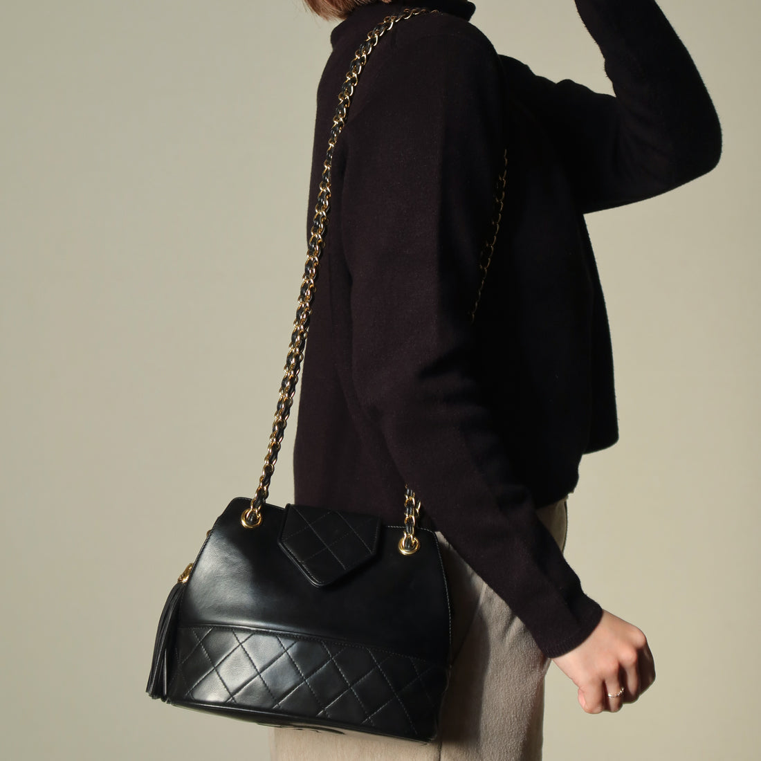 Vintage Chanel Black Lambskin Diamond stitched CC Tassel Classic Flap Bag