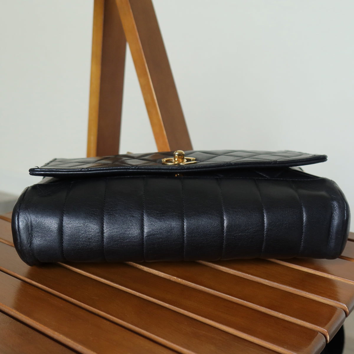 Rare Chanel Vintage Black Lambskin CC Turn Lock Double Quilted Shoulder Bag