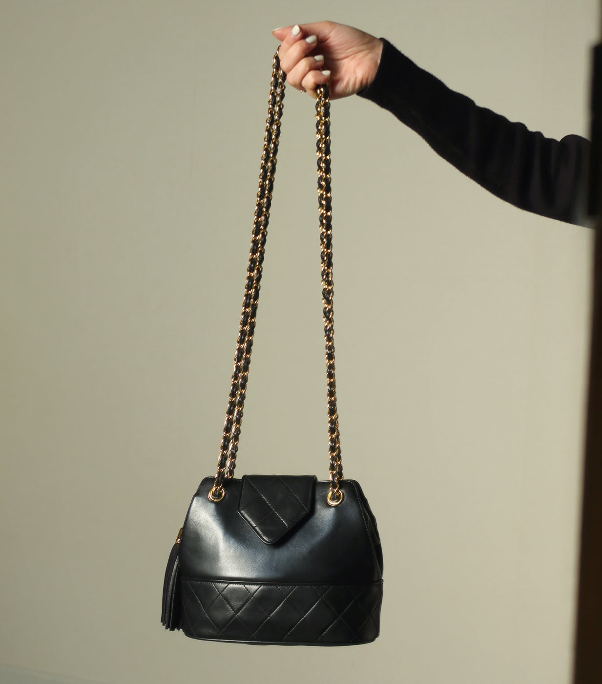 Vintage Chanel Black Lambskin Diamond stitched CC Tassel Classic Flap Bag