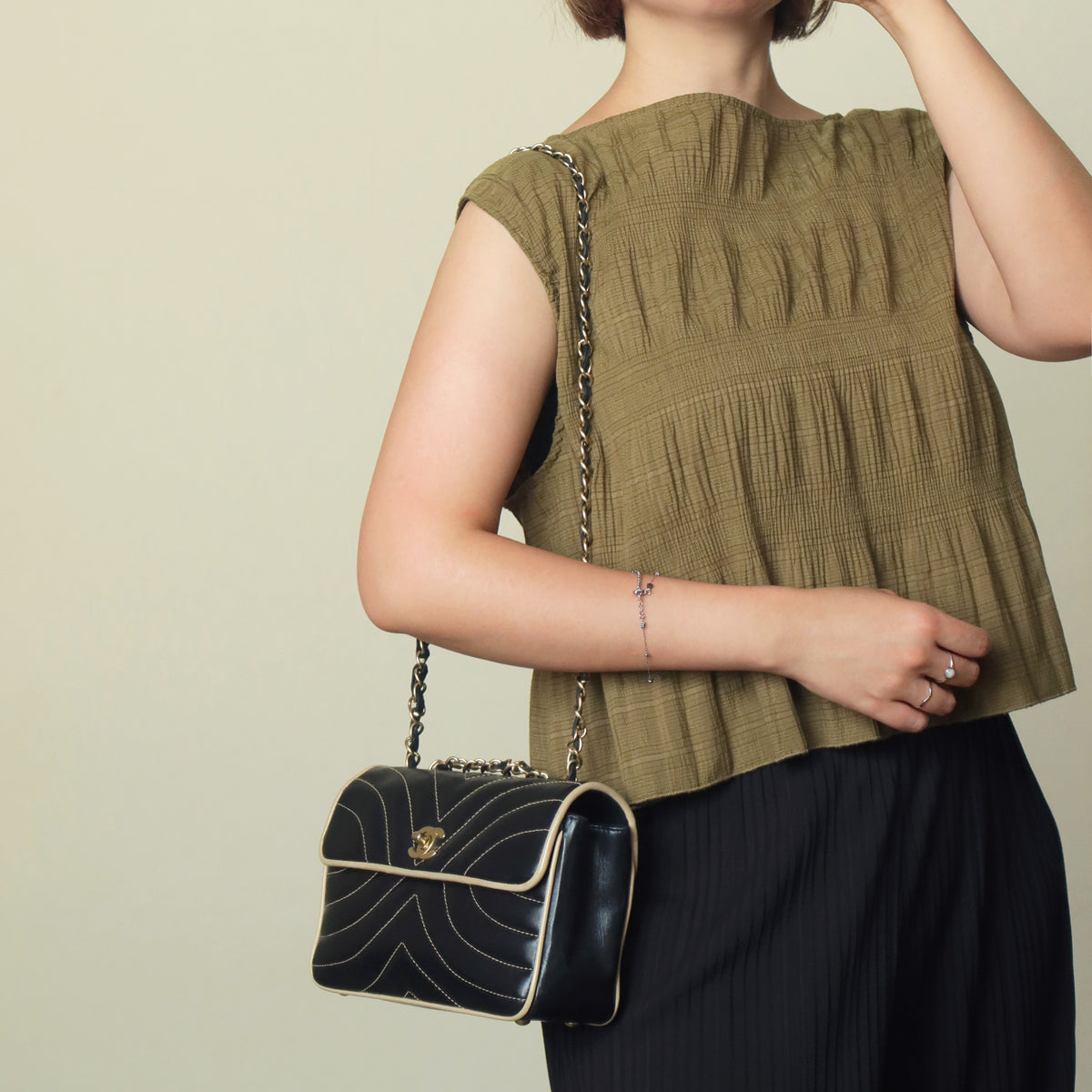 Vintage Chanel Two Tone Chervon wave stitching CC Turn lock Classic Flap Bag