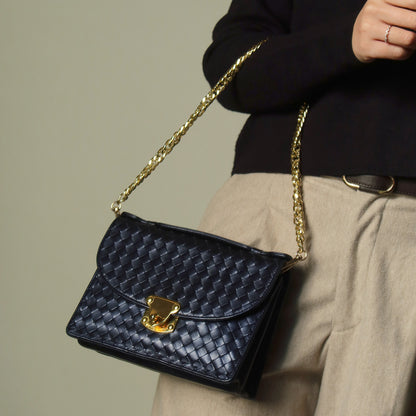 Rare Bottega Veneta Vintage Dark Navy Intrecciato Turn lock 2way Flap Bag