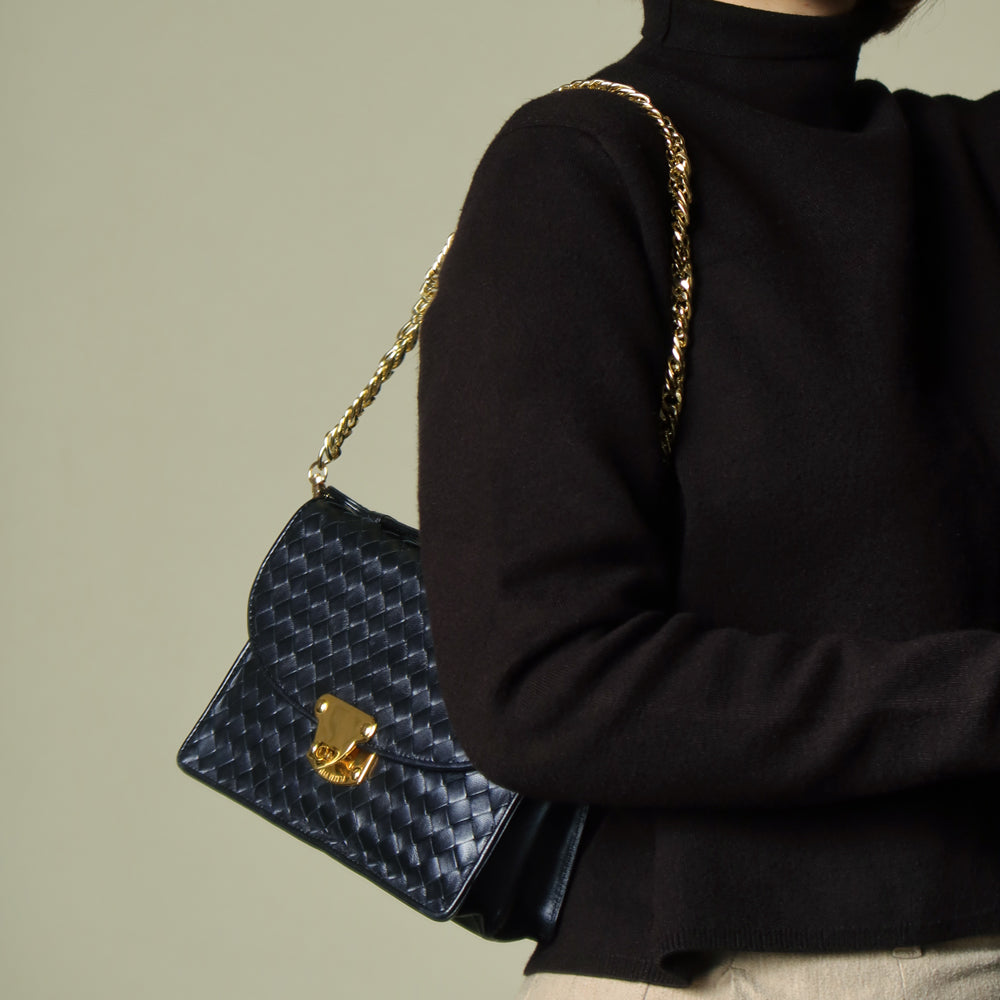 Rare Bottega Veneta Vintage Dark Navy Intrecciato Turn lock 2way Flap Bag