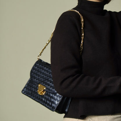 Rare Bottega Veneta Vintage Dark Navy Intrecciato Turn lock 2way Flap Bag