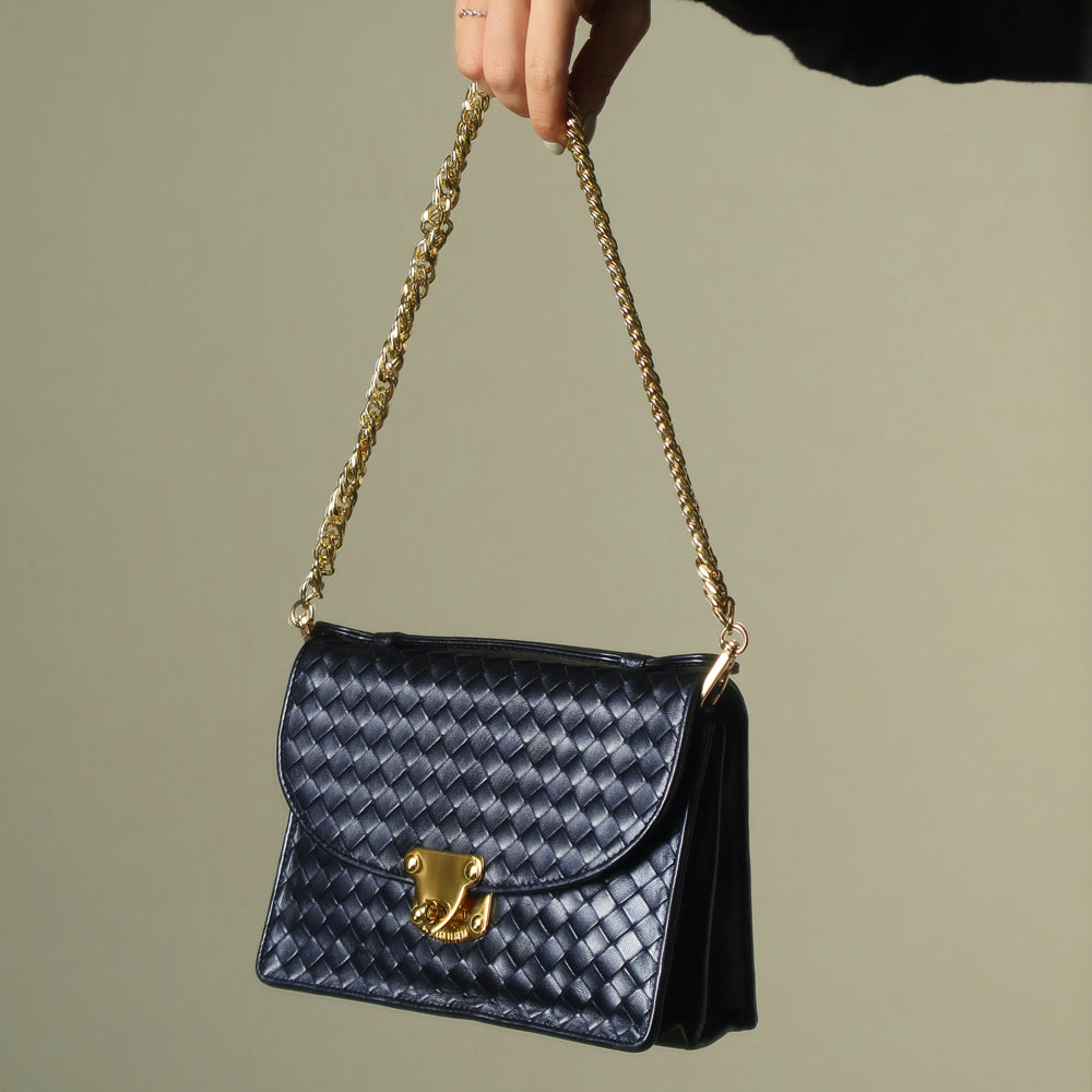 Rare Bottega Veneta Vintage Dark Navy Intrecciato Turn lock 2way Flap Bag
