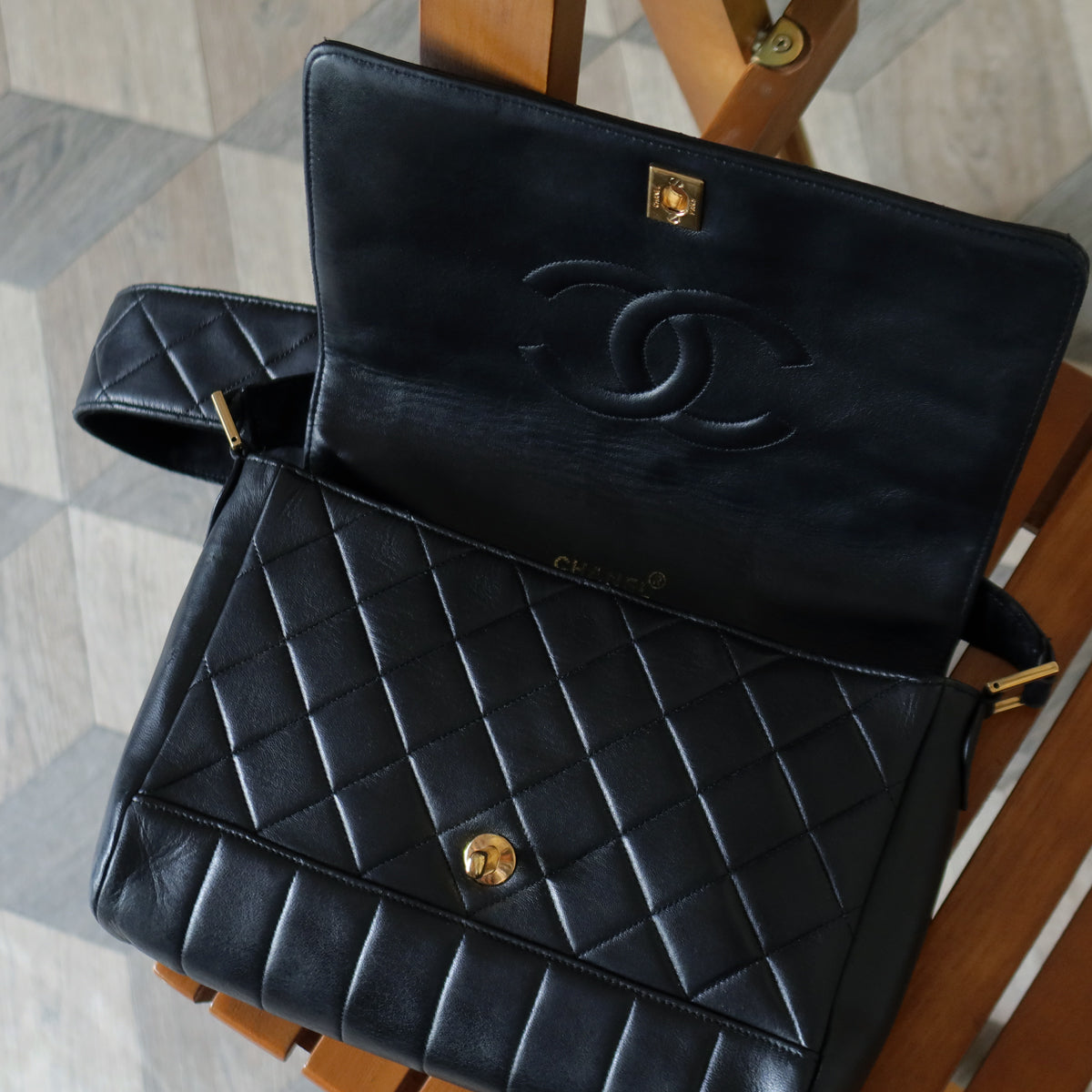 Rare Chanel Vintage Black Lambskin CC Turn Lock Double Quilted Shoulder Bag