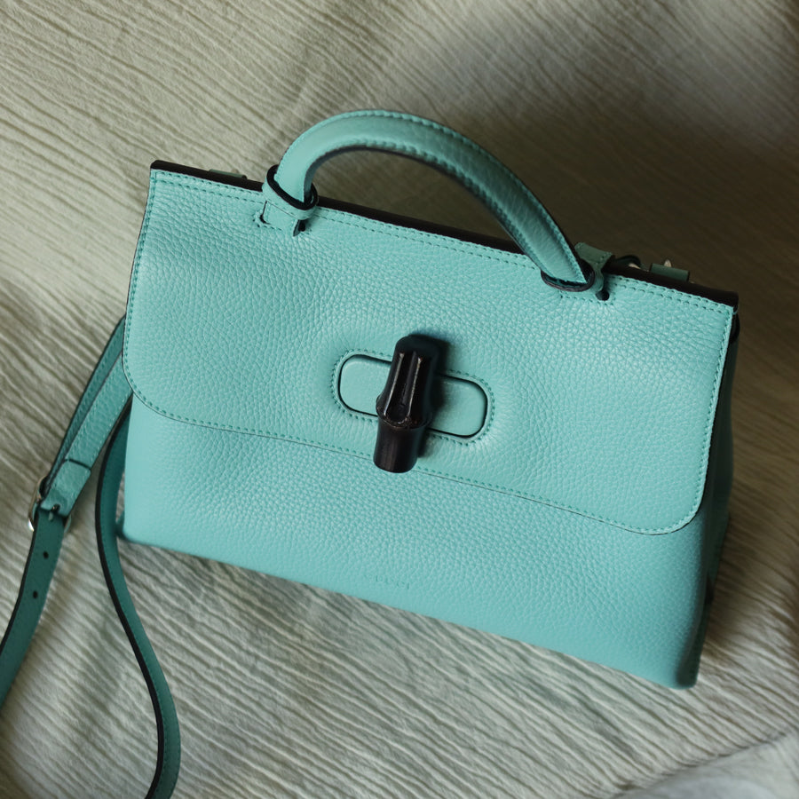 Rare Gucci Vintage Bamboo Turn lock Blue Leather Small 2way Daily Crossbody Bag 2