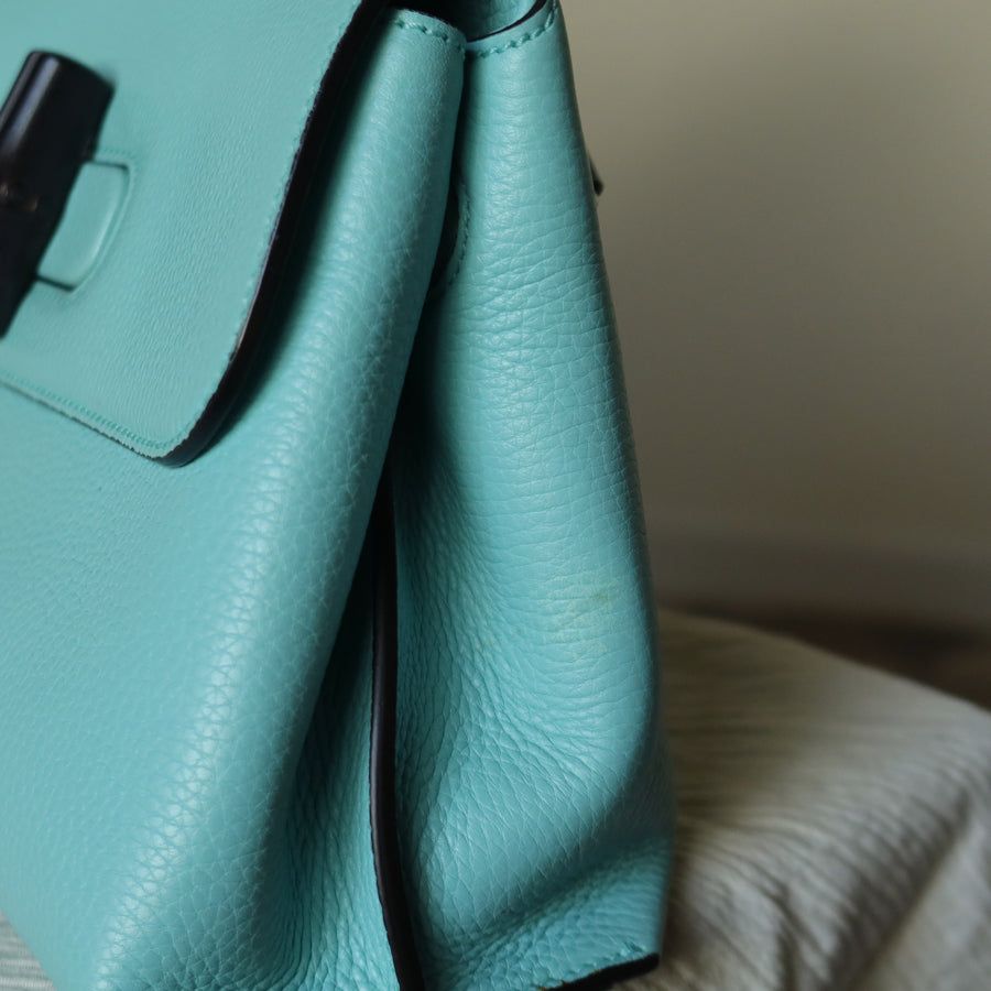 Rare Gucci Vintage Bamboo Turn lock Blue Leather Small 2way Daily Crossbody Bag 2