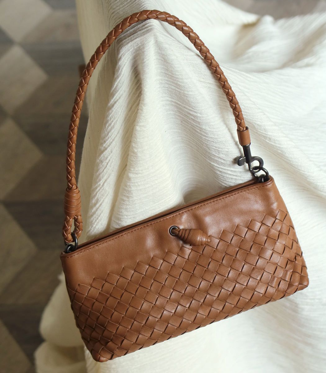 Bottega Veneta Vintage Caramel Brown Intrecciato Mini Pochette Clutch Shoulder Bag