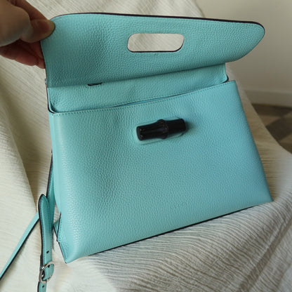 Rare Gucci Vintage Bamboo Turn lock Blue Leather Small 2way Daily Crossbody Bag 2