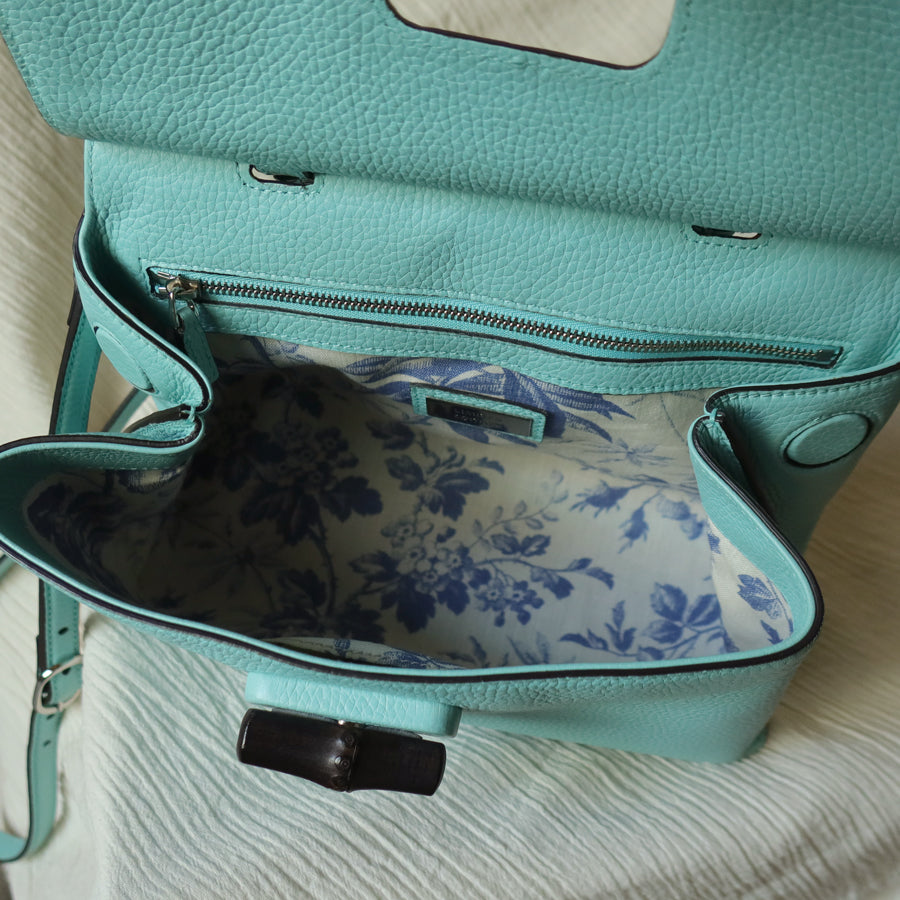 Rare Gucci Vintage Bamboo Turn lock Blue Leather Small 2way Daily Crossbody Bag 2