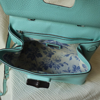 Rare Gucci Vintage Bamboo Turn lock Blue Leather Small 2way Daily Crossbody Bag 2