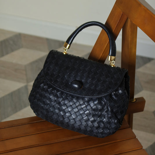 Bottega Veneta Vintage Black Intrecciato Weave Turn Lock Hand Bag M