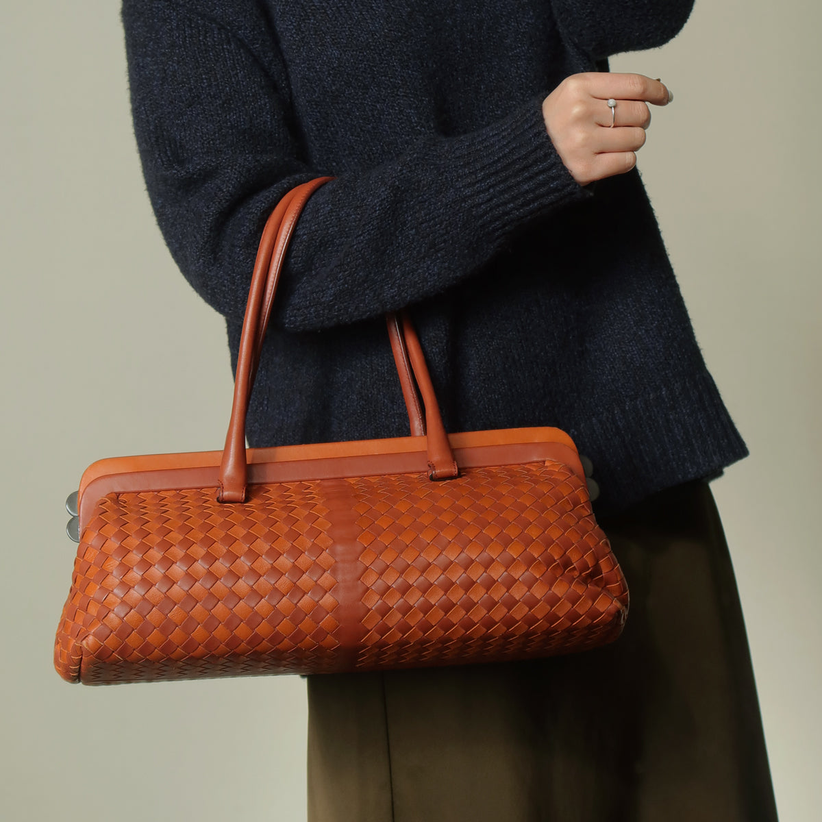 Bottega Veneta Vintage Coral Orange Intrecciato Kiss Lock East