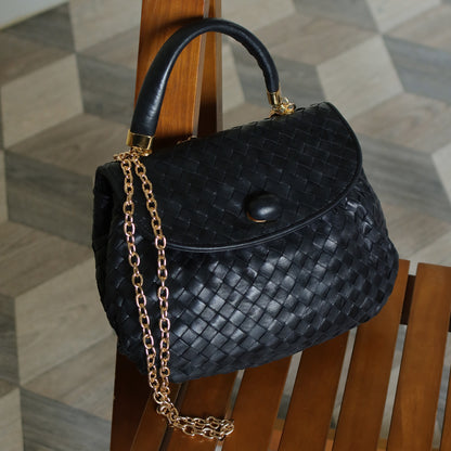 Bottega Veneta Vintage Black Intrecciato Weave Turn Lock Hand Bag M