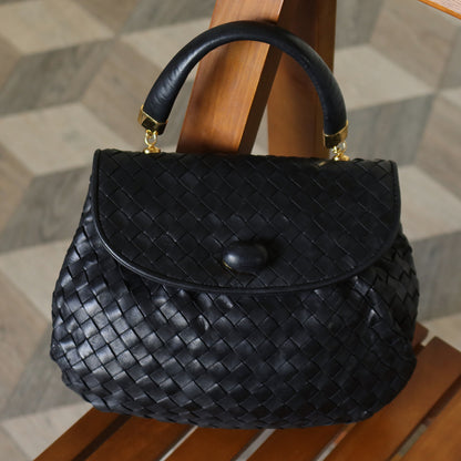 Bottega Veneta Vintage Black Intrecciato Weave Turn Lock Hand Bag M