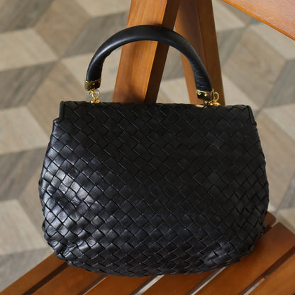 Bottega Veneta Vintage Black Intrecciato Weave Turn Lock Hand Bag M