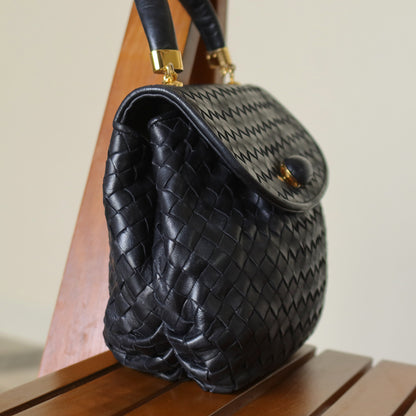 Bottega Veneta Vintage Black Intrecciato Weave Turn Lock Hand Bag M