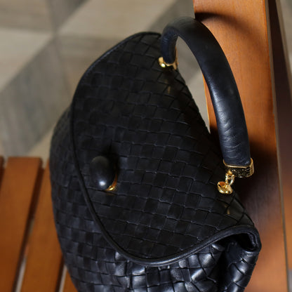 Bottega Veneta Vintage Black Intrecciato Weave Turn Lock Hand Bag M