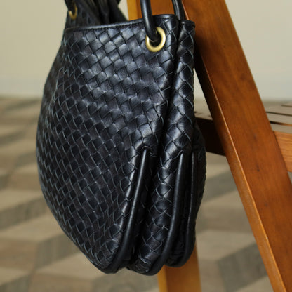 Bottega Veneta Vintage Black Intrecciato Ring Hobo Belt Strap Shoulder Bag