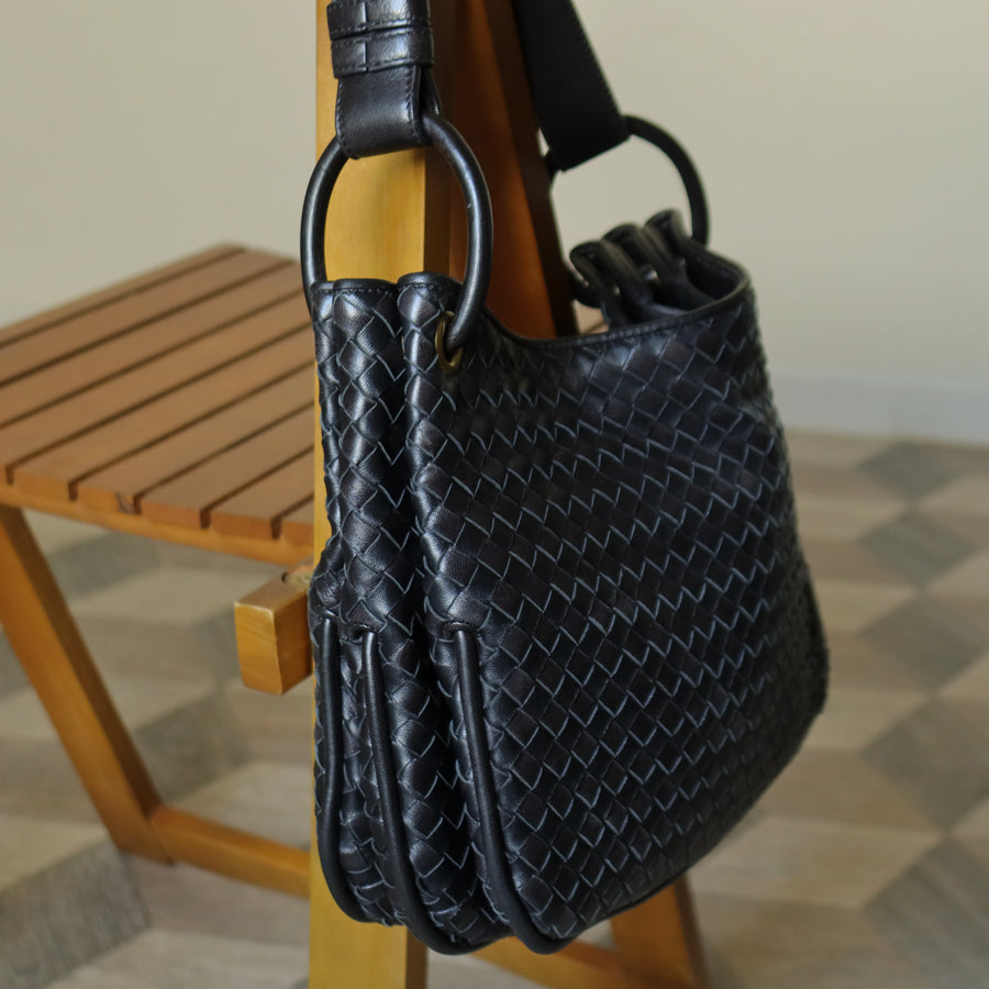 Bottega Veneta Vintage Black Intrecciato Ring Hobo Belt Strap Shoulder Bag