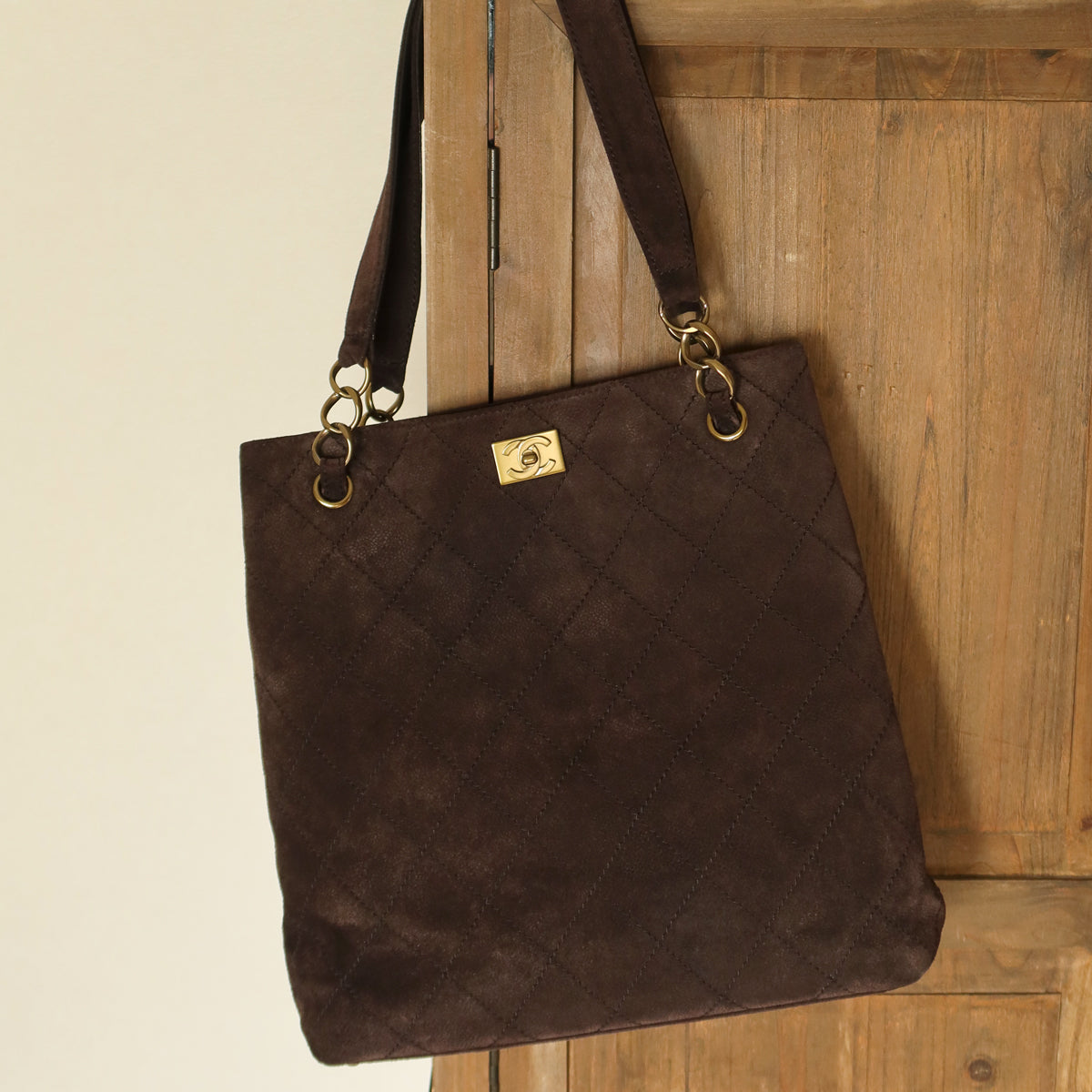 Chanel Vintage Dark Brown Quilted CC Turn lock Matelasse Shoulder Tote Bag