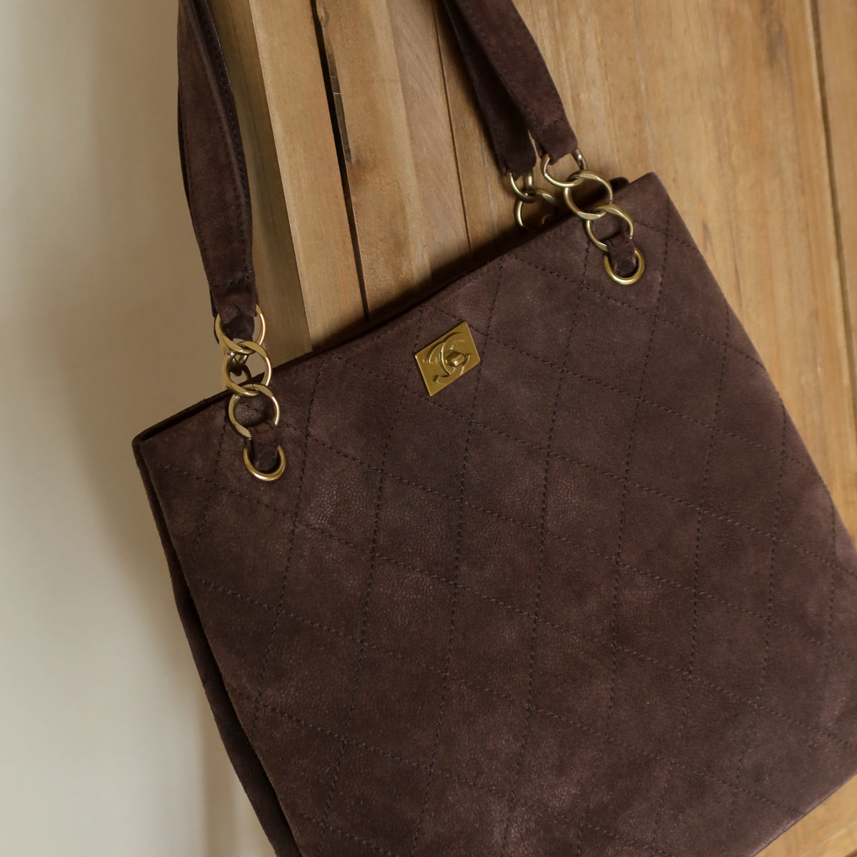 Chanel Vintage Dark Brown Quilted CC Turn lock Matelasse Shoulder Tote Bag