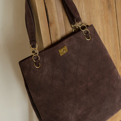 Chanel Vintage Dark Brown Quilted CC Turn lock Matelasse Shoulder Tote Bag
