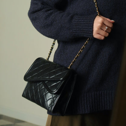 Chanel Vintage Black Lambskin Diamond quilted Tassel Asymmetrical Double Flap Bag