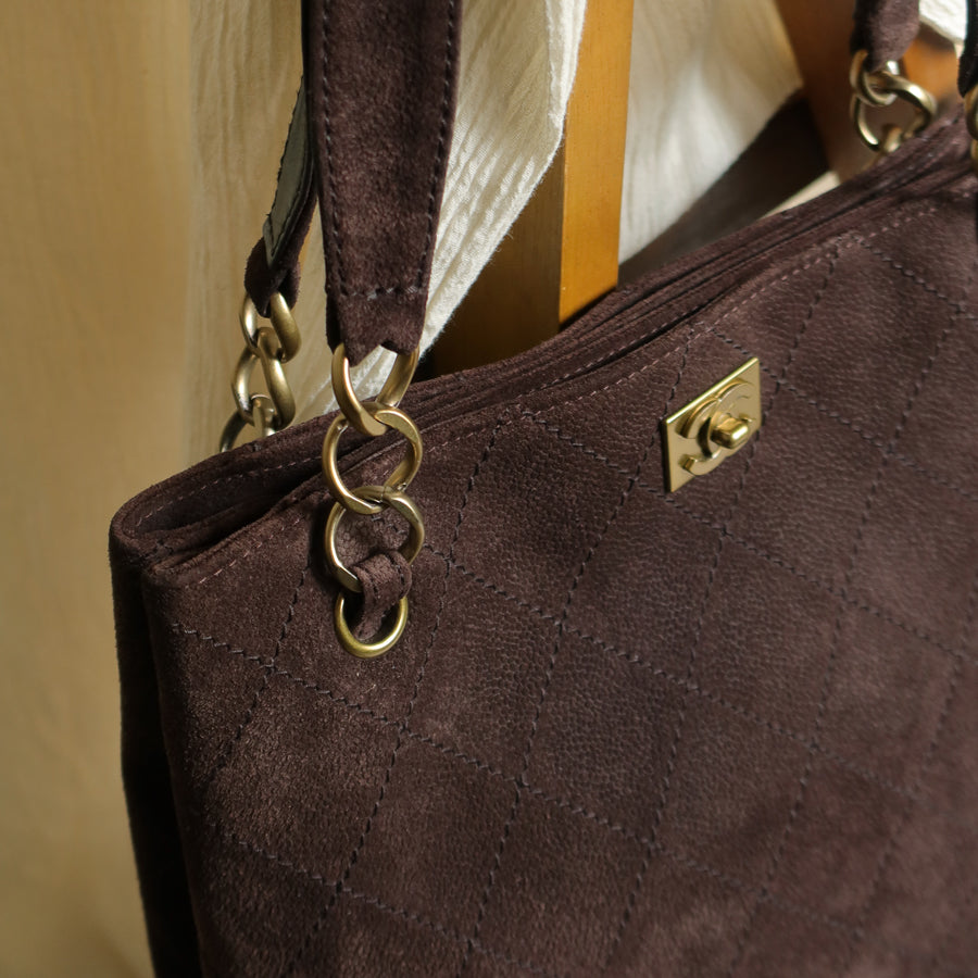 Chanel Vintage Dark Brown Quilted CC Turn lock Matelasse Shoulder Tote Bag