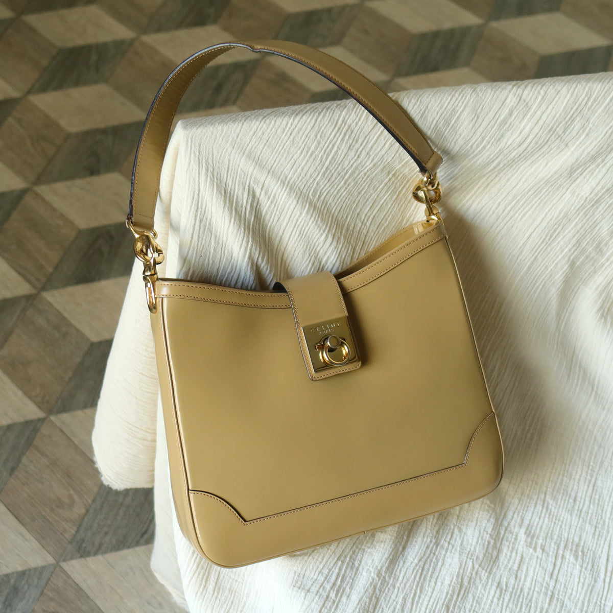 Celine Vintage Classic Beige Brown Leather Gancini Gold Buckle Shoulder Bag