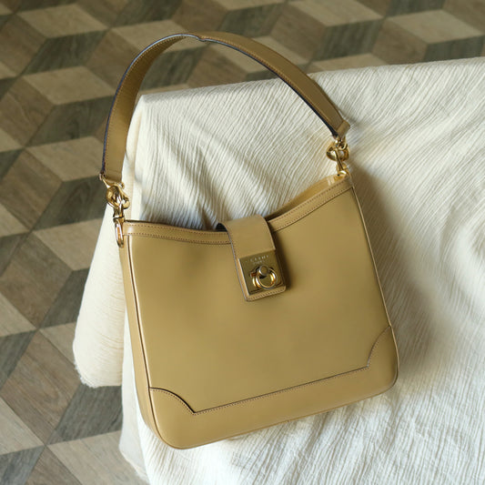 Celine Vintage Classic Beige Brown Leather Gancini Gold Buckle Shoulder Bag