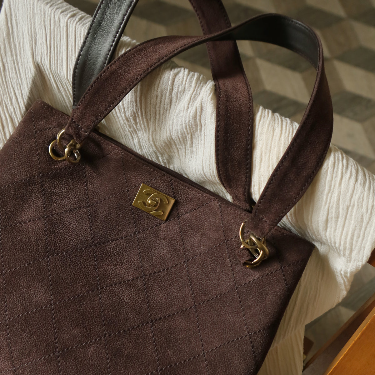 Chanel Vintage Dark Brown Quilted CC Turn lock Matelasse Shoulder Tote Bag