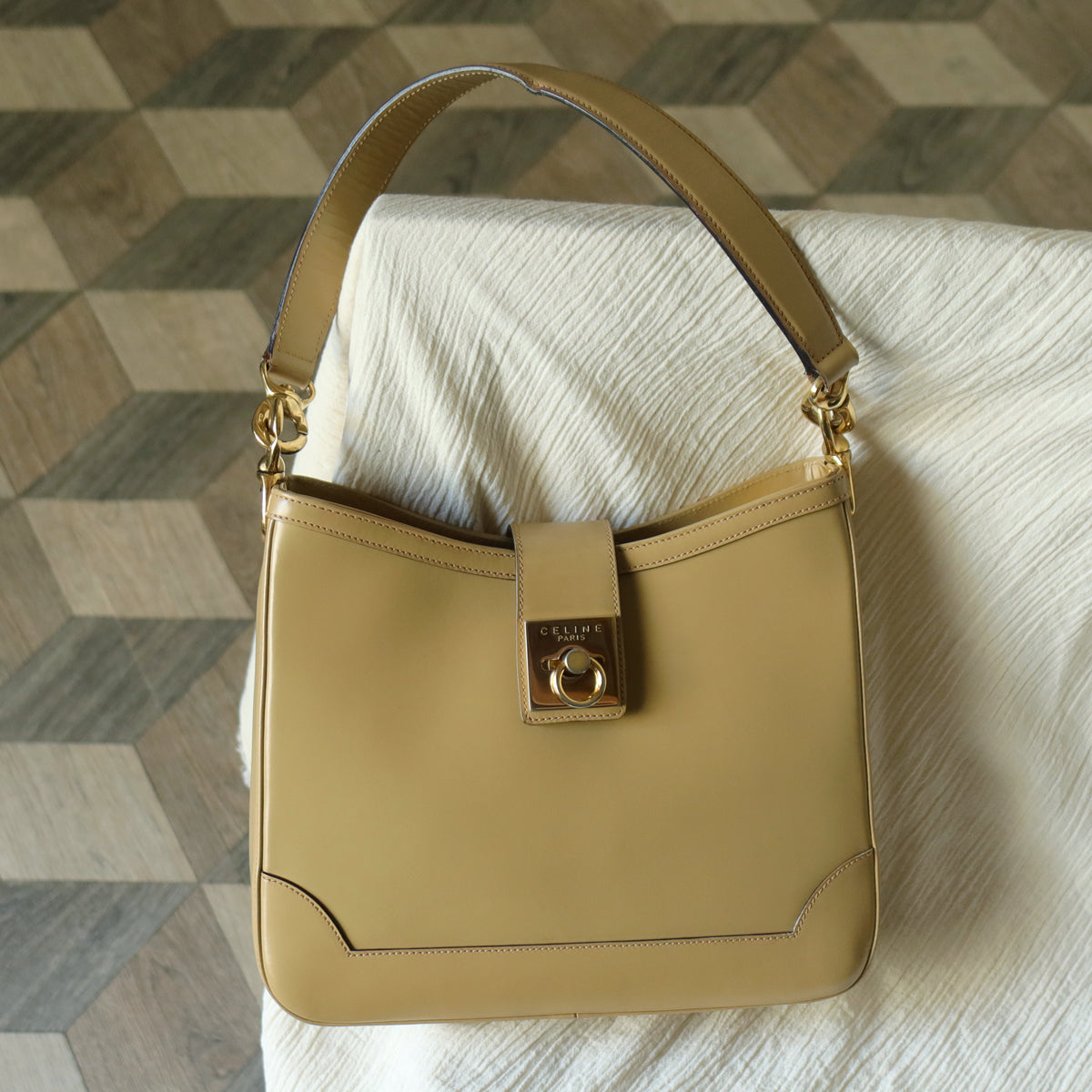 Celine Vintage Classic Beige Brown Leather Gancini Gold Buckle Shoulder Bag