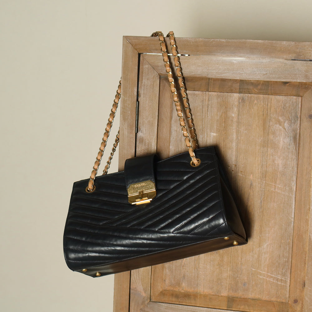 Chanel Vintage Black Lambskin 2.55 Chevron Gabrielle 2way Shoulder Bag