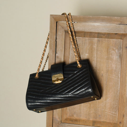 Chanel Vintage Black Lambskin 2.55 Chevron Gabrielle 2way Shoulder Bag