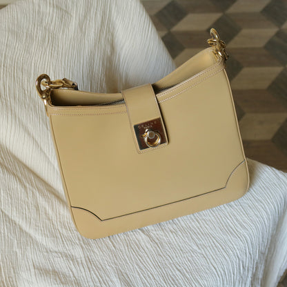 Celine Vintage Classic Beige Brown Leather Gancini Gold Buckle Shoulder Bag